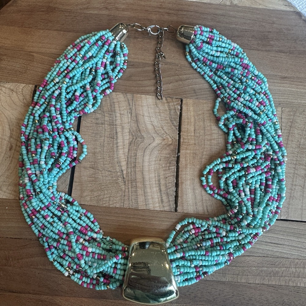 Boho Necklace 18 Inch Multi Strand Pink Blue‎ Tone Glass Seed Bead Slide Pendant